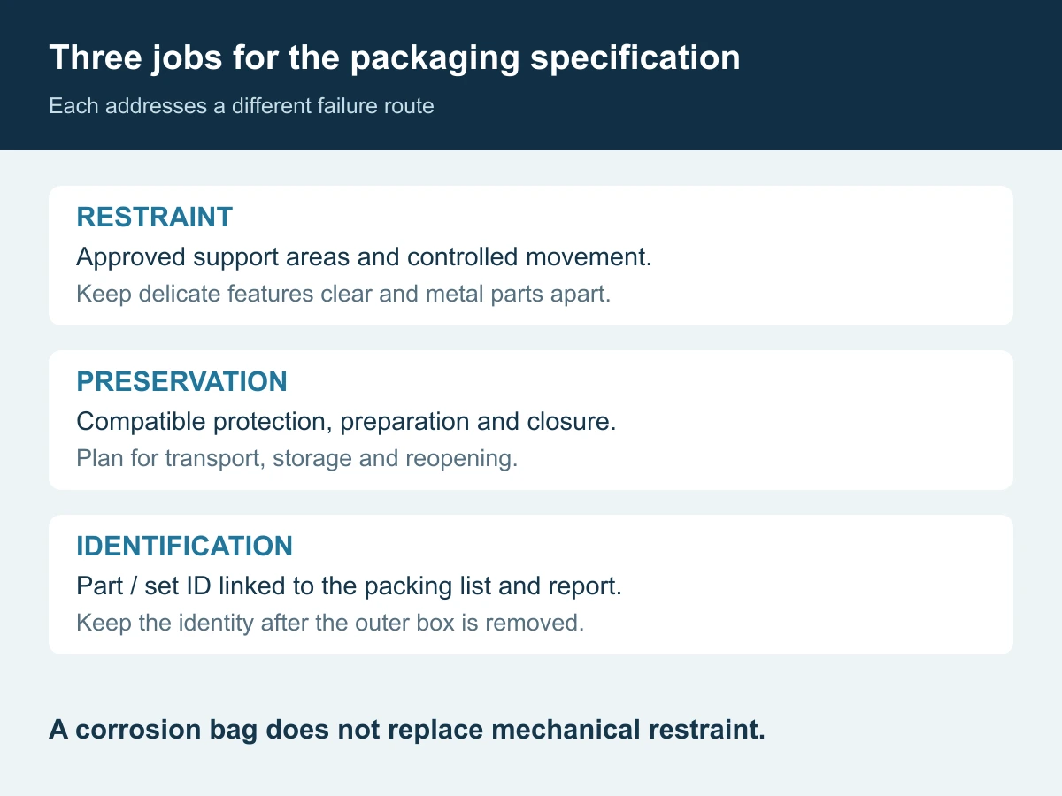 Three coordinated packaging functions: approved support and restraint, compatible corrosion protection, and part-to-record identification