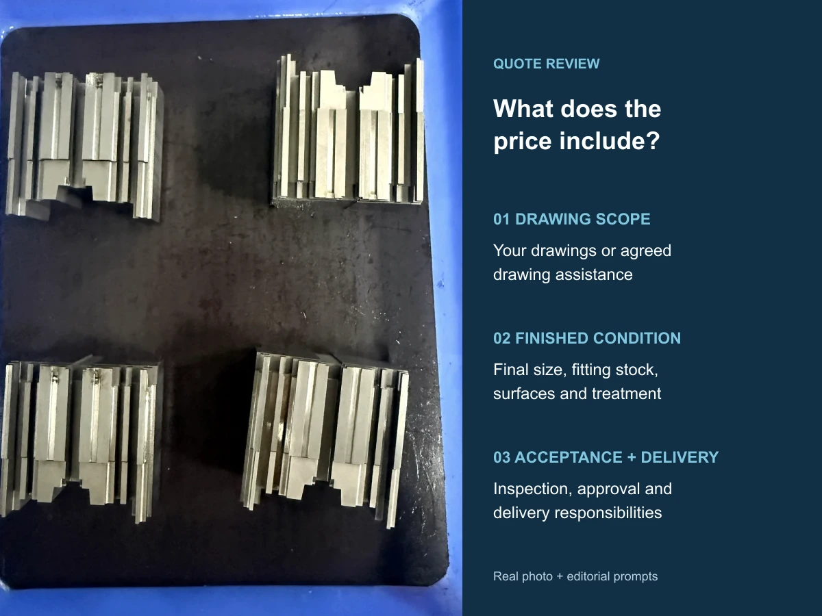 Real HC Precision photograph of grouped profile components beside three questions for reviewing an insert quotation