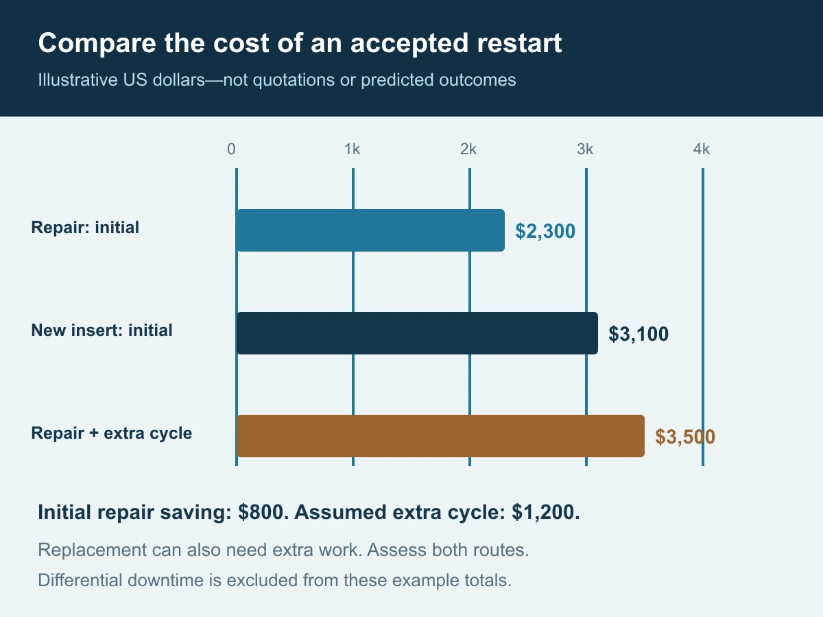 Illustrative cost comparison: initial repair 2300 dollars, initial replacement 3100 dollars, and repair with one assumed additional cycle 3500 dollars