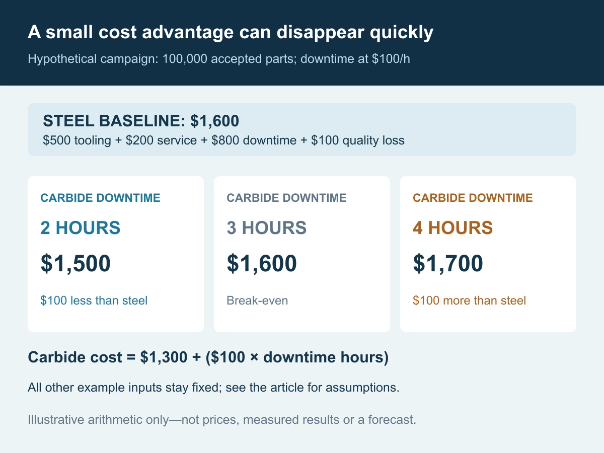 Illustrative carbide cost comparison for 100000 accepted parts: 1500 dollars at two downtime hours, 1600 at three, and 1700 at four, against a 1600 dollar steel baseline