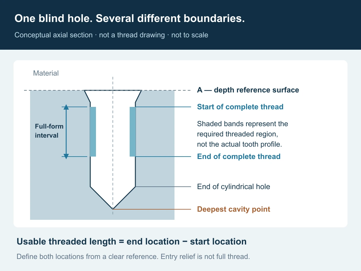 Conceptual blind hole section separates the start and end of complete thread, the cylindrical hole bottom and the deepest drill point