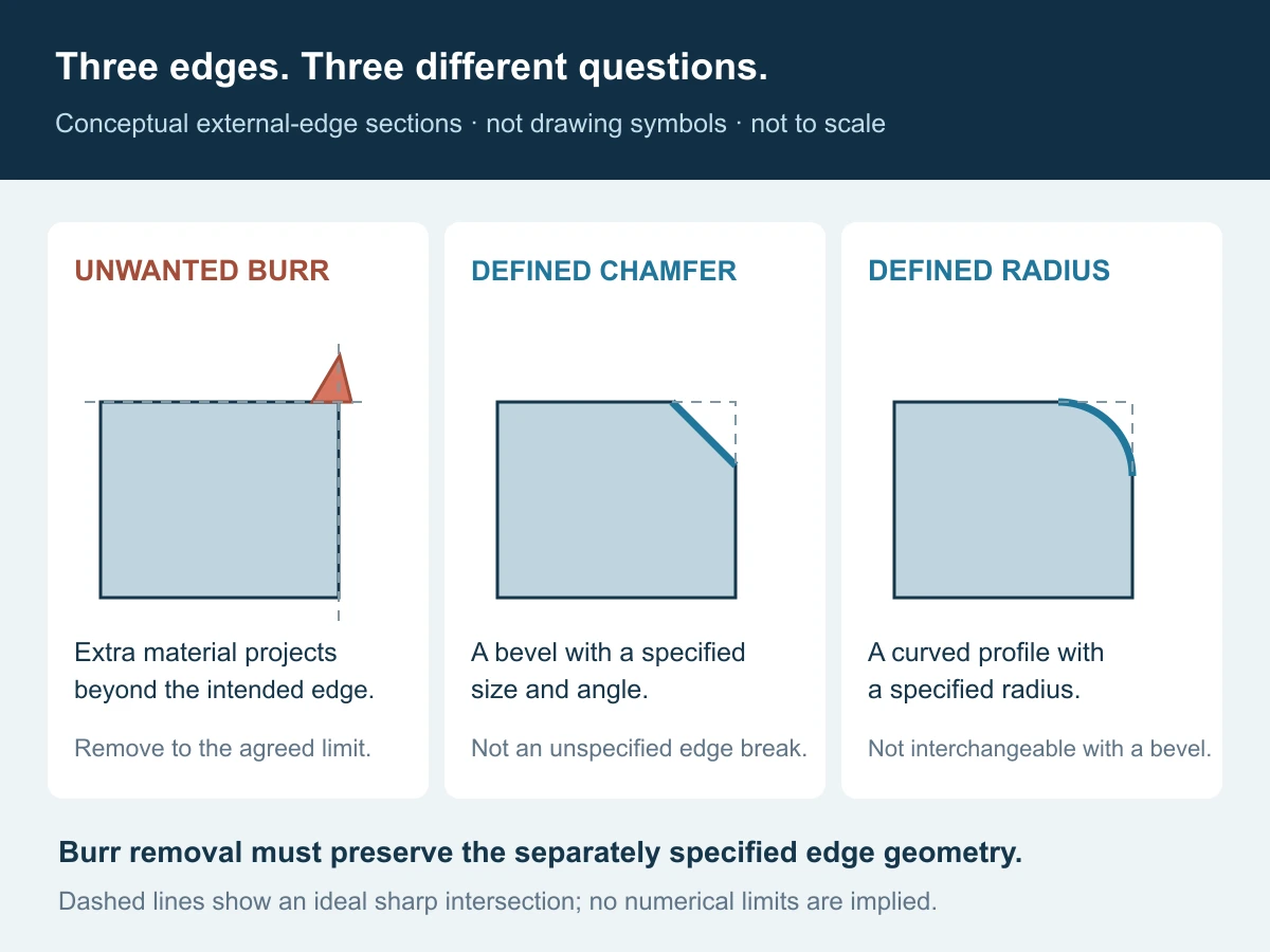 Three conceptual external-edge sections distinguish an unwanted burr, a defined chamfer and a defined radius; these are different acceptance conditions