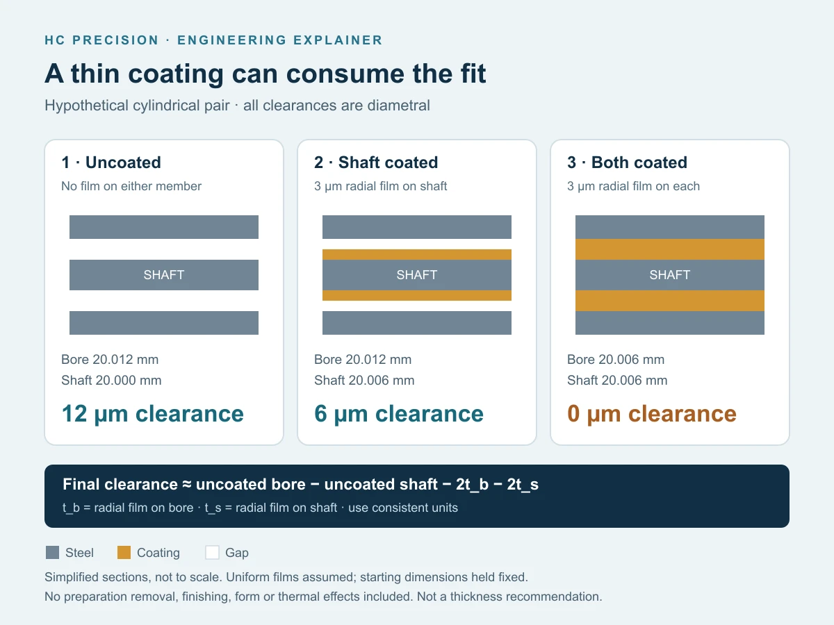 Illustrative calculation showing how coating one or both members of a cylindrical fit reduces diametral clearance