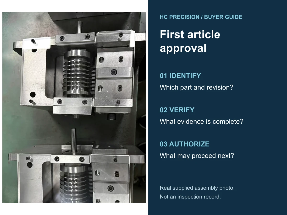 Real HC Precision component assembly photograph beside three first-article review prompts: identify, verify and authorize
