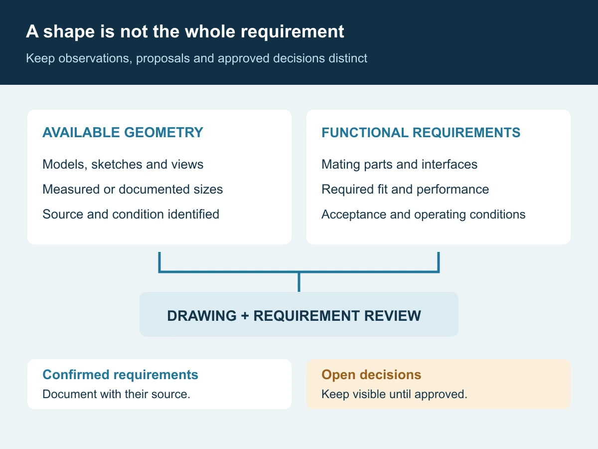 Available geometry and functional requirements feed a drawing review, with unresolved decisions kept separate until approval