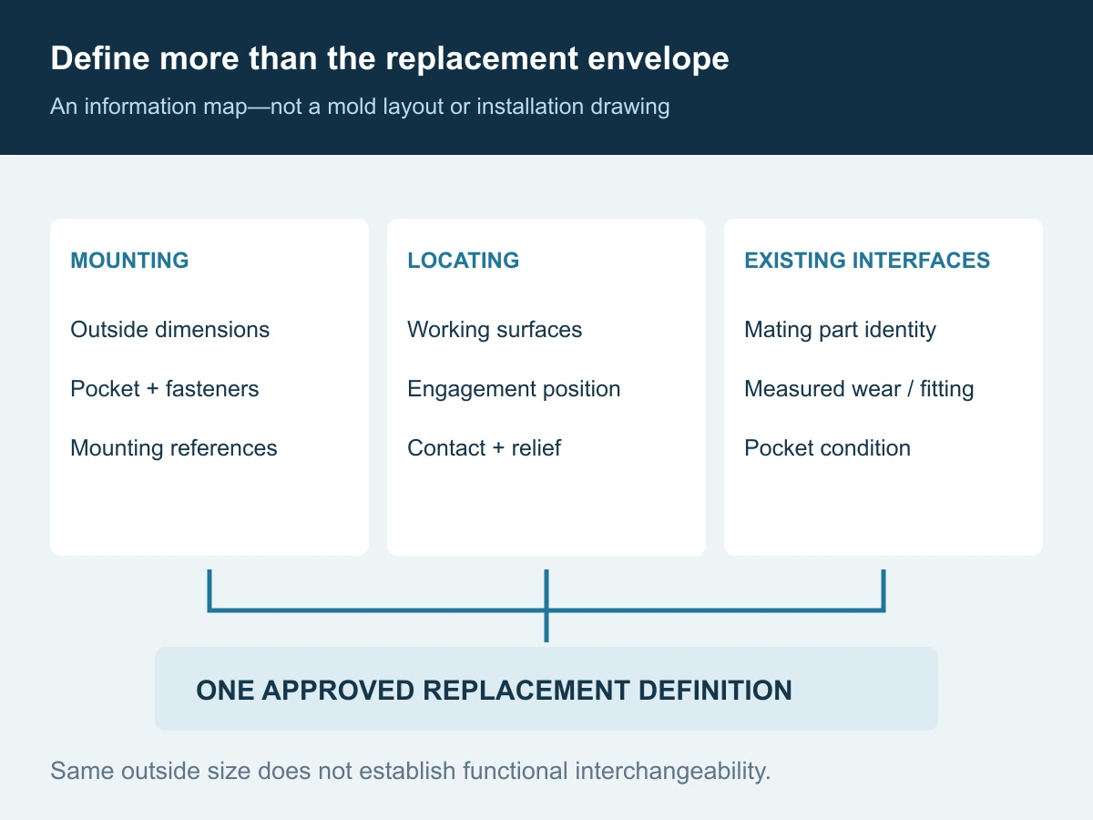 Replacement definition separates mounting envelope, functional locating geometry and the measured condition of the existing mate and pocket