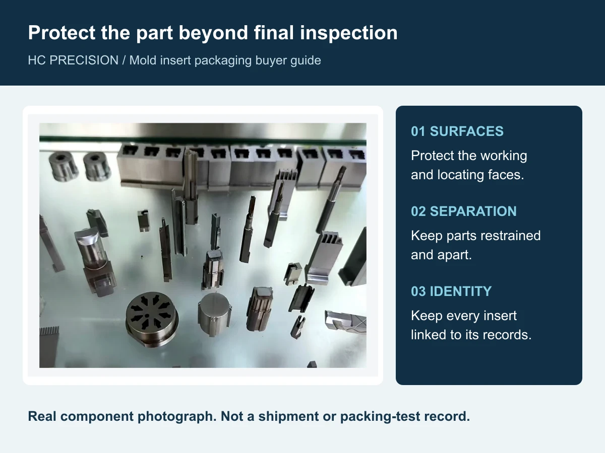 Real HC Precision precision-component photograph with prompts to protect functional surfaces, separate parts and retain identification